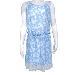 Blue Floral Sleeveless Dress with Lace Trim and Waist Tie